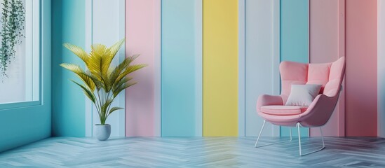 Modern Pastel Living Room Interior with Pink Armchair and Green Plant by Window