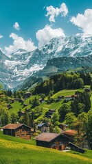 Obraz premium A Small Village on Hill with Mountain Ranges Background
