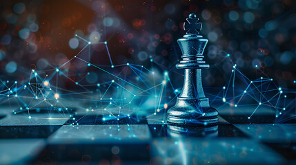 Leader with brain and ideas can make an impact and different on the digital world concept White chess king with blur graphic Binary Data computer Number network on blue dark background