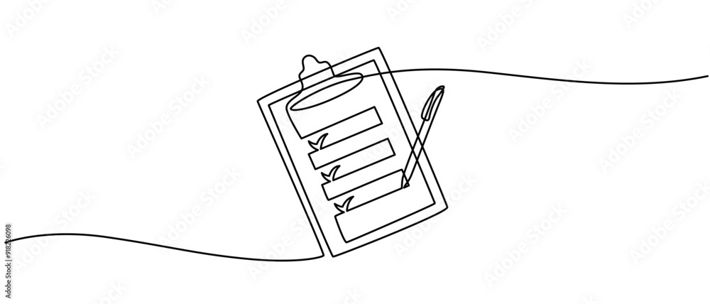 Poster clipboard with checklist and pen in one continuous line drawing. to do list with ticks and concept f