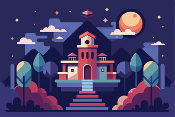 Obraz premium Nighttime View of a Red-Roofed Building with Steps in a Forest Setting