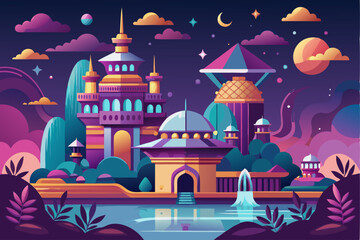 A Nighttime Fantasy Cityscape with Buildings and a Reflecting Pool