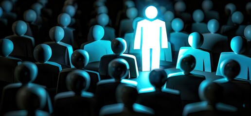 Fototapeta premium A glowing figure stands out from a crowd of dark figures, symbolizing individuality, uniqueness, and standing out from the crowd.