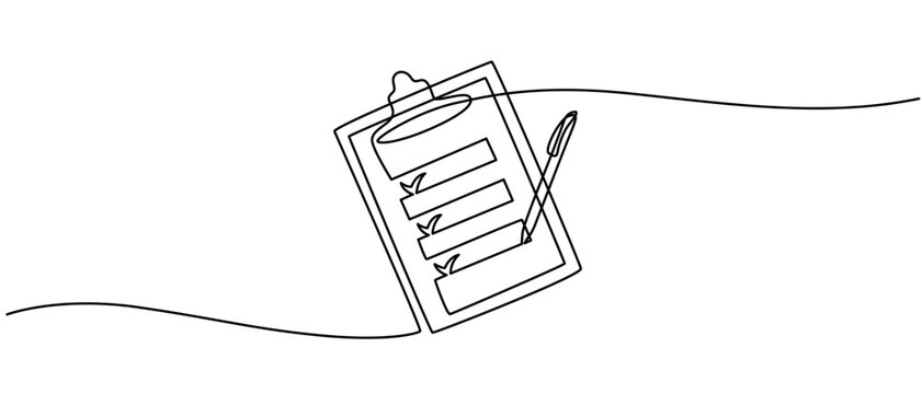 recommend clip art: Clipboard with checklist and pen in one continuous line drawing. To do list with ticks and concept for test expertise and exam in simple linear style. Editable stroke pro vector illustration