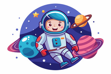 Fototapeta premium Cheerful Astronaut Floating in Space with Planets and Stars