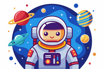 Fototapeta premium Smiling Astronaut in Space Suit Surrounded by Planets