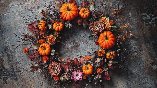 Autumnal Wreath with Pumpkins and Flowers on Rustic Background