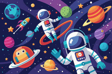 Naklejka premium Two Astronauts Floating in Space with Planets and Stars