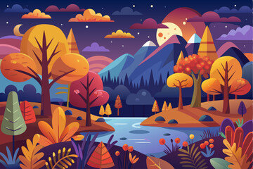 Nighttime Landscape with Mountains, Forest, and River