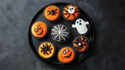 Halloween Themed Cupcakes With Spooky Decorations On Black Plate - Powered by Adobe