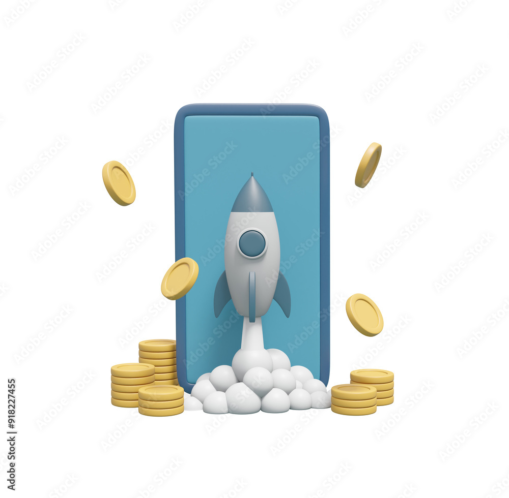 Poster 3d illustration consisting of a rocket fired from a smartphone. along with the dollar coin isolated 