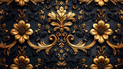 Damask pattern, gold accents, luxurious, elegant, vintage style.