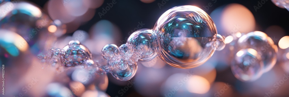 Poster abstract bubbles in motion - colorful, futuristic design - a mesmerizing chain of iridescent bubbles