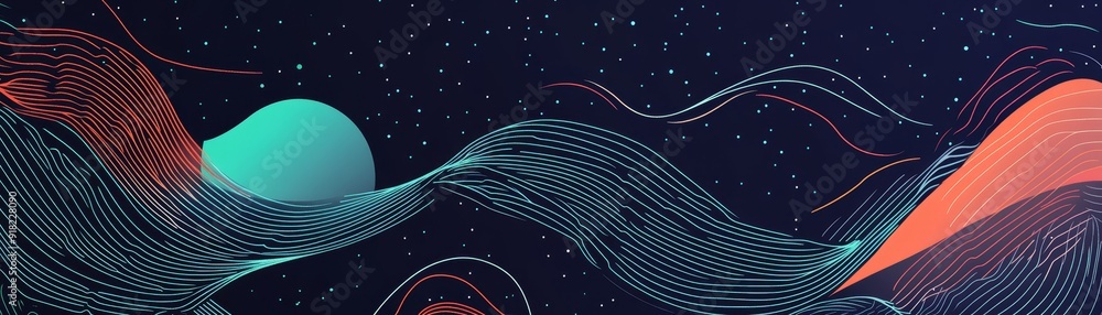 Poster abstract cosmic landscape with wavy lines and stars - a mesmerizing abstract background with swirlin
