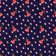 Seamless pattern with pomegranate flowers and grains. Hand-drawn watercolor seamless background. Isolated on dark background.