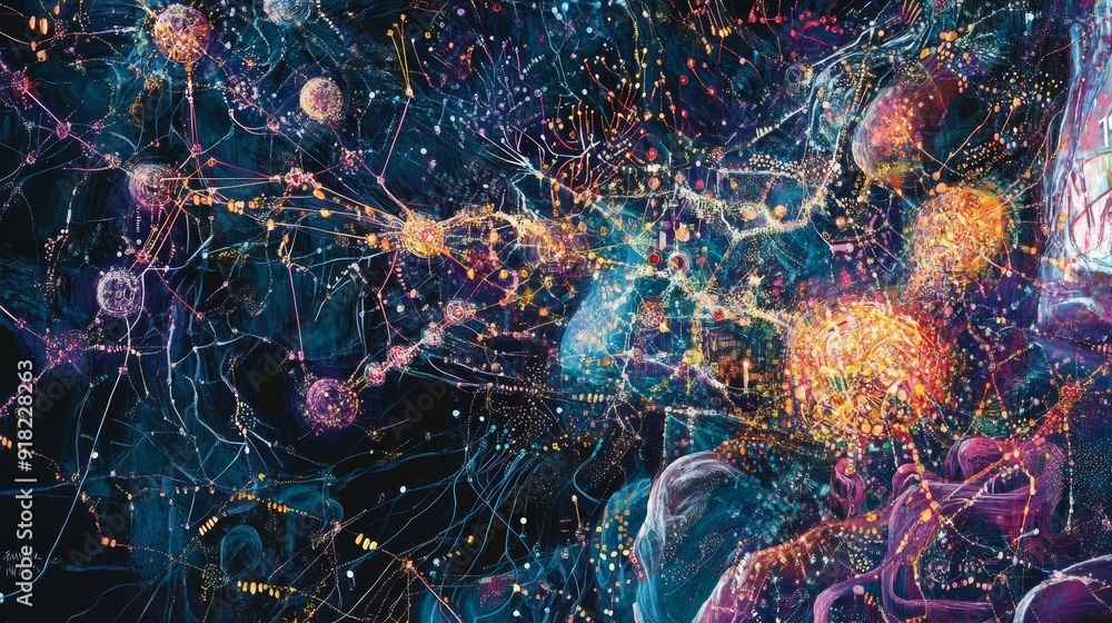 Poster abstract cosmic network: a universe of interconnectedness - this abstract image depicts a cosmic net