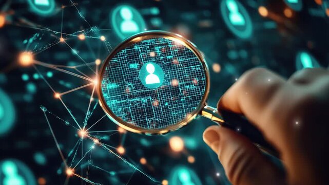 Data security concept with magnifying glass over icon showing human silhouette and computer chip. Magnifying glass on person icon. Technology concept for identity digitalization.