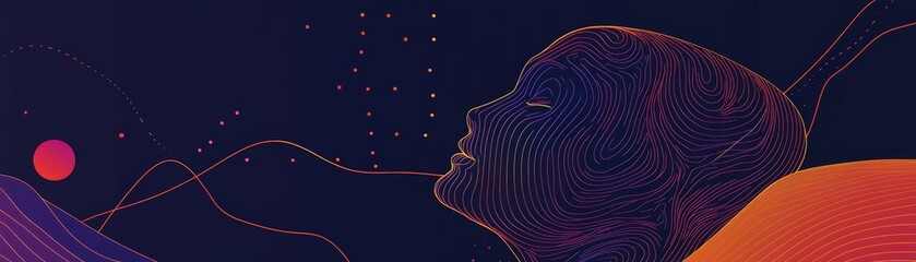 Abstract Dreamy Face with Lines and Stars - A digital art piece depicting a woman's face composed of swirling lines and colors, set against a starry sky with mountains and a red sun. The image evokes 