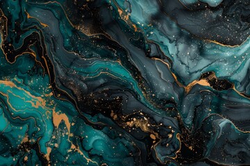 Abstract dark teal and gold marble texture. Modern artwork with fluid shapes, luxurious patterns. Ideal for backgrounds, wallpapers, and digital projects. Created with AI.