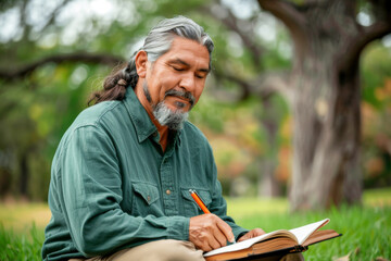 Fototapeta premium A man writing in a journal in a peaceful park setting, engaging in self-reflection as a form of mental self-care and awareness