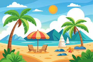 Obraz premium Two Beach Chairs Under a Striped Umbrella on a Tropical Beach