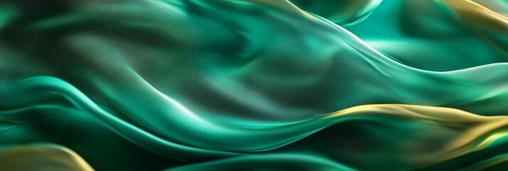 Obraz premium Abstract Green and Gold Silk Fabric Background - A close-up shot of a silky fabric in a vibrant green and gold color scheme. The fabric has a smooth, flowing texture with soft, undulating waves. This 