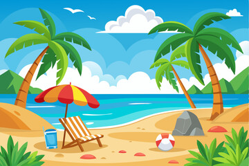 Obraz premium Beach Relaxation with Palm Trees, Umbrella, and Lounge Chair