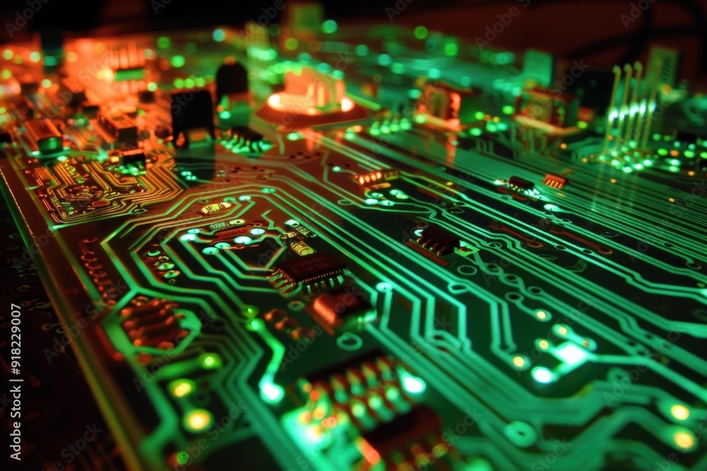 Aufkleber highangle macro shot of an active circuit board with glowing green and red lights