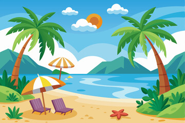 Tranquil Beach Scene with Palm Trees and Beach Chairs