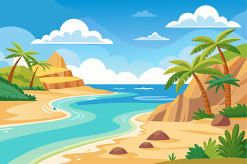 Tropical Beach Landscape with Palm Trees and Cliffs