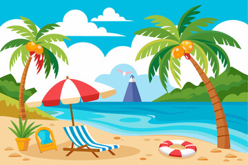 Obraz premium Relaxing Beach Scene with Palm Trees, Lounge Chair, and Lifebuoy