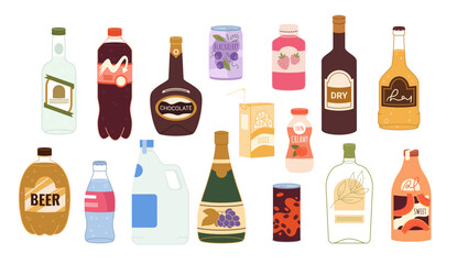 Different drink bottles set. Bar or store assortment collection of drinks in plastic, glass containers and aluminum cans, carbonated soda water and juice, champagne cartoon vector illustration
