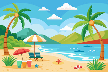 Fototapeta premium Idyllic Beach Scene with Palm Trees, Beach Chairs, and Drinks