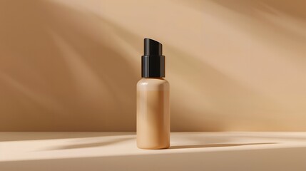 A makeup primer bottle mock-up positioned in front of a light tan gradient background. The bottle is elegantly designed, with sleek lines and a minimalist label
