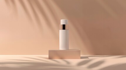 A makeup primer bottle mock-up positioned in front of a light tan gradient background. The bottle is elegantly designed, with sleek lines and a minimalist label