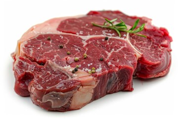 Obraz premium Fresh raw beef steak on white background. Gourmet cooking ingredient. Used for steak recipes and barbecue. High-quality food presentation. Culinary and hospitality concept. Generative AI