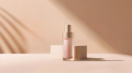 A makeup primer bottle mock-up positioned in front of a light tan gradient background. The bottle is elegantly designed, with sleek lines and a minimalist label