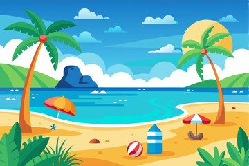 Obraz premium Tropical Beach Scene with Palm Trees, Blue Water, and a Sandy Shore