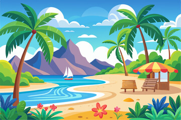 Fototapeta premium Tropical Beach Scene with Palm Trees, Mountains, and a Sailboat