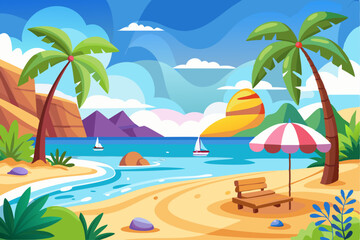 Tranquil Beach Scene with Palm Trees, Umbrella, and Wooden Bench