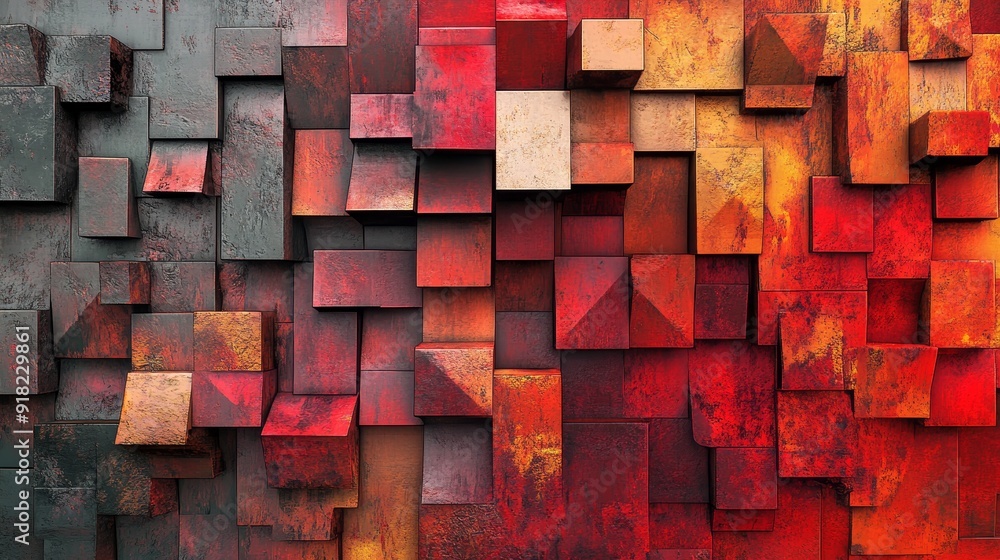 Poster abstract red and orange geometric cube wall texture - a close-up shot of an abstract wall made of st