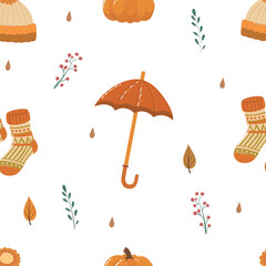 Bright autumn design with pumpkins, leaves and abstract shapes.