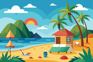 Obraz premium Tropical Beach with a Wooden Cabin, Palm Trees, and a Sunset