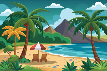 Obraz premium Tropical Beach Scene with Palm Trees, Umbrella, and Chairs