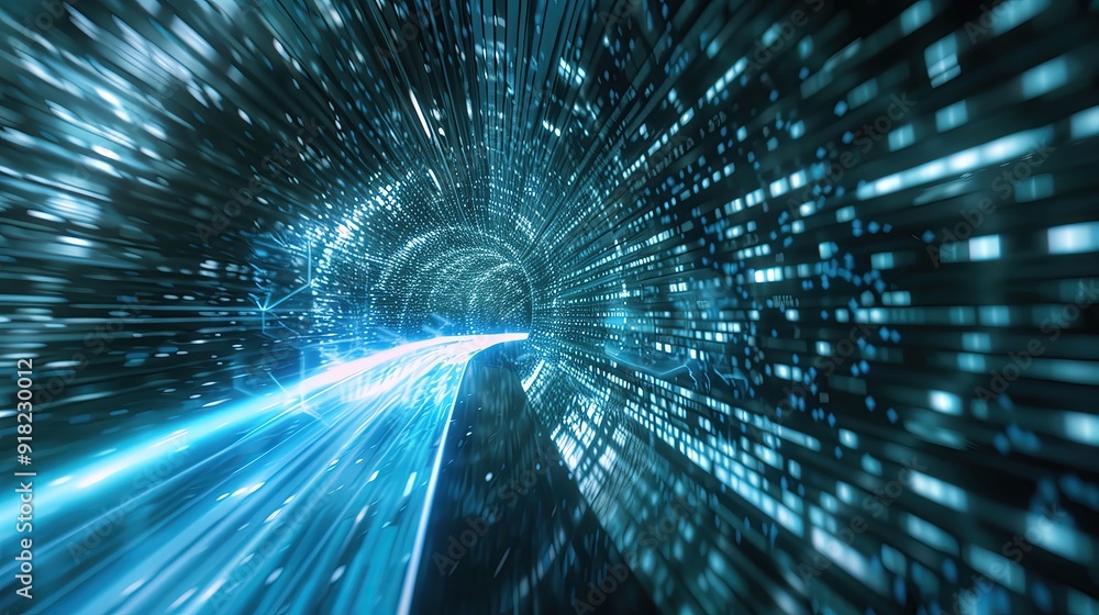 Poster futuristic tunnel with glowing light trails and digital data streams creating a sense of motion and 