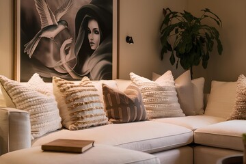 Cozy living room with a beige sofa adorned with textured and patterned pillows. framed art piece depicting bird and a woman hangs on the wall home decor. potted plant and book add to serene atmosphere