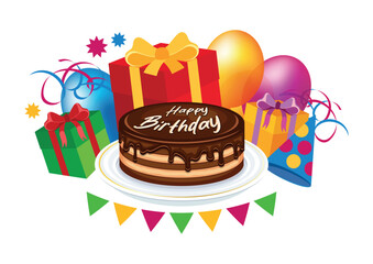 Happy birthday party with cake, gift box, balloons and confetti vector illustration. Birthday chocolate cake and presents icon set isolated on white background