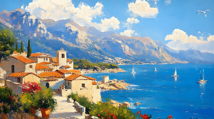 Oil painting of a small town on the Mediterranean Sea, mountains in the background, beautiful summer weather.