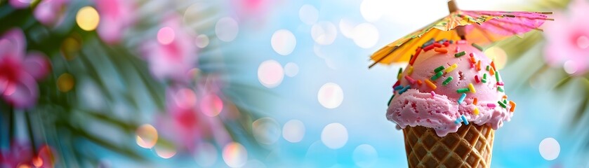 Whimsical Ice Cream Cone with Umbrella in Tropical Setting Surreal Dessert Concept Artwork