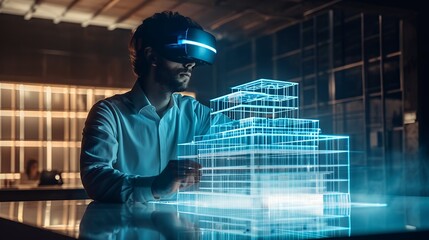 An Architect Wearing A Virtual Reality Headset Designs, Manipulates Buildings for 3D City. Mixed Augmented Reality Software. Visual Effect.